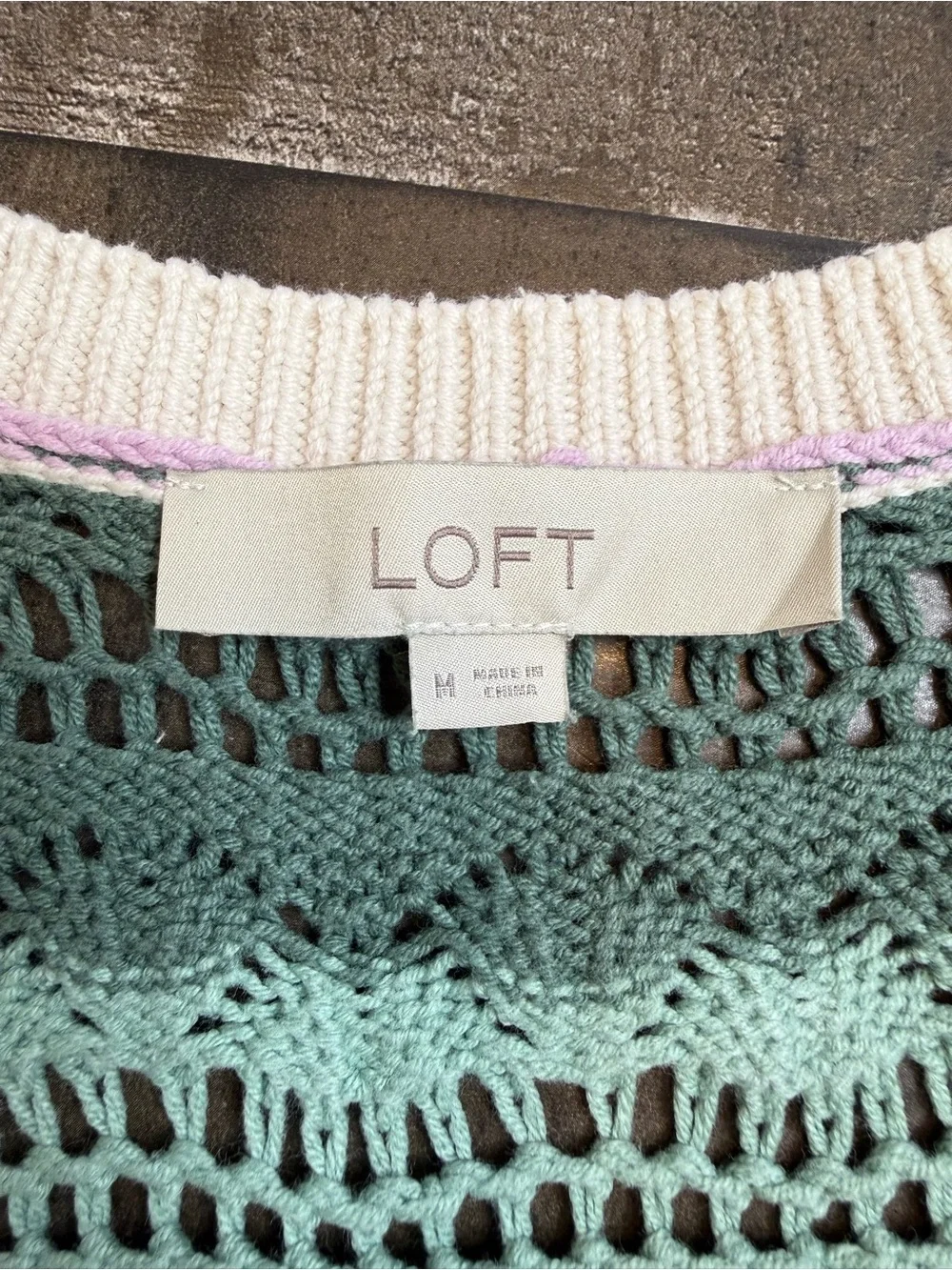 LOFT Striped Open-Knit V-Neck Sweater in Lavender, Green & White size Medium